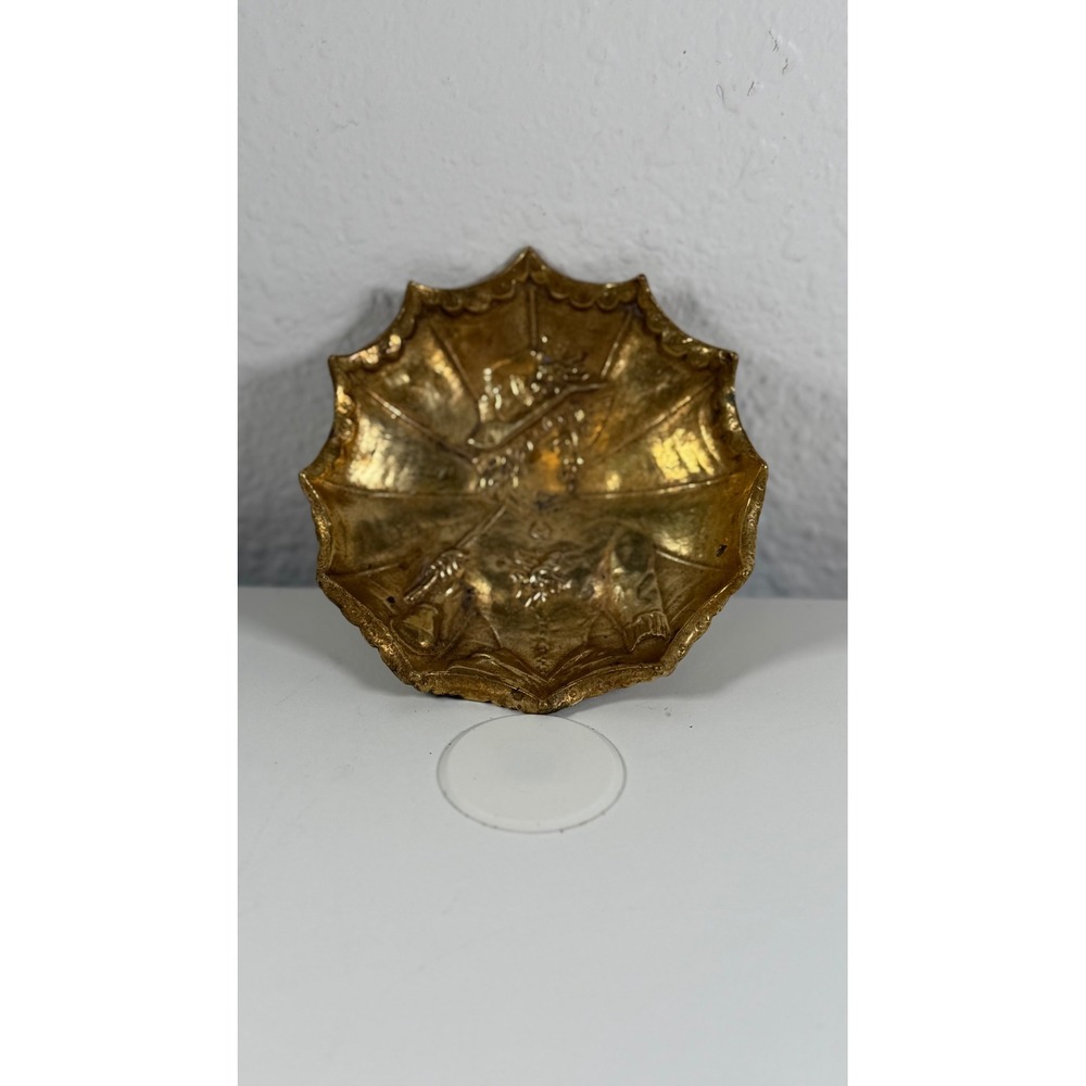 Vintage Brass Trinket Dish Embossed Lady with Parasol Umbrella Scalloped 4 Inch